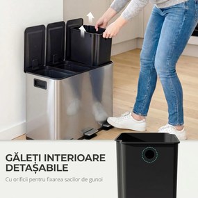 HOMCOM Coș de Gunoi cu 3 Compartimente de 20L cu Închidere Silențioasă, din Oțel Inoxidabil și PP, 61.9x36.6x56.7 cm | Aosom Romania