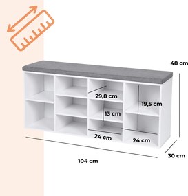 Pantofar cu bancă tapițată GABI, 10 compartimente, 104x30x48cm, gri/alb Jurhan