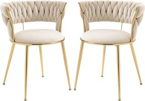 Set de 2 scaune de dining din catifea moale, stil modern cu spătar împletit și brațe, Alb