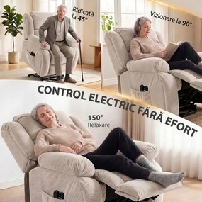 HOMCOM Fotoliu Electric de Ridicare 150°, Șezut Lat, Masaj, Încălzire, Catifea, Bej | Aosom Romania
