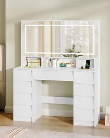 Masuta machiaj cu Oglinda LED si 9 Sertare pentru Cosmetice, Set Masa toaleta 109 cm, Alb, masuta cosmetica, vanity - SEA19