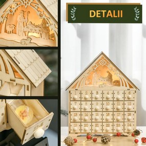 Calendar Advent din Lemn 24 Sertare Decoratiune de Craciun cu Nasterea Domnului Sculptata si Luminite, 26.6x6x30cm HOMCOM | Aosom RO