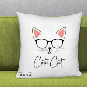 Perna Personalizata Cute Cat cu Ochelari, 40x40 cm, Alb Pufos, Husa Detasabila, Perna Inclusa, BEKZ®