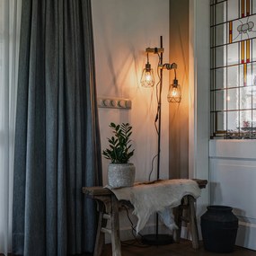 Lampă de podea rustică neagră cu lemn 2 lumini cu abajur - Dami Frame