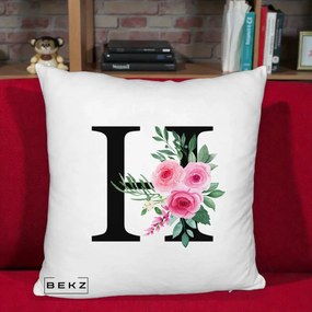Cadou Personalizat - Perna Personalizata Monograma Florala Litera H cu Trandafiri Roz, 40x40 cm, Alb Pufos, Husa Detasabila, Perna Inclusa, BEKZ®