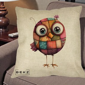 Perna Decorativa Pasare Patchwork Roz cu Floare, 40x40 cm, Crem, Husa Detasabila, Perna Inclusa, BEKZ®