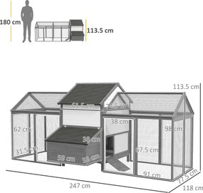 PawHut Coteț din Lemn pentru Găini Ouașe de Exterior cu 2 Recinții Laterale, Cuibar, Acoperiș Impermeabil, Tavă Glisantă, Zonă de Odihnă, Uși și Rampă, pentru 2-4 Găini, 247x118x113.5cm, Gri | Aosom Romania