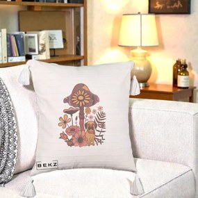 Perna Decorativa Ciuperca Caine Boho, 40x40 cm, Bej cu Franjuri, Husa Detasabila, Perna Inclusa, BEKZ®