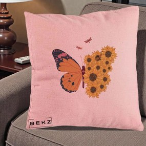 Perna Decorativa Fluture Floarea-Soarelui, 40x40 cm, Roz, Husa Detasabila, Perna Inclusa, BEKZ®