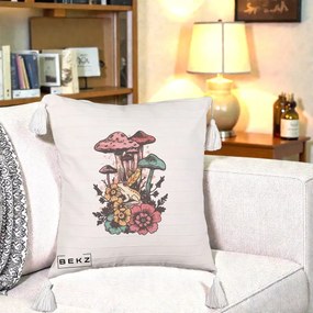 Perna Decorativa Ciuperci si Broaste Boho, 40x40 cm, Bej cu Franjuri, Husa Detasabila, Perna Inclusa, BEKZ®