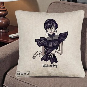 Perna Personalizata Wednesday Addams Dans Gotic, 40x40 cm, Bej Canapea, Husa Detasabila, Perna Inclusa, BEKZ®