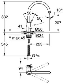 Baterie de bucatarie Grohe Start Classic, 3/8'' pipa inalta, pivotanta, cartus ceramic, monocomanda, crom - 31553001