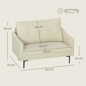 HOMCOM Canapea cu 2 Locuri din Catifea cu Spătar Matlasat și Pernă Detașabilă, Canapea Compactă Modernă cu Picioare din Metal pentru Sufragerie, 124x73x92 cm, Crem | Aosom Romania