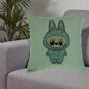 Perna Personalizata Labubu Albastru-Gri Solo, 40x40 cm, Verde, Husa Detasabila, Perna Inclusa, BEKZ®