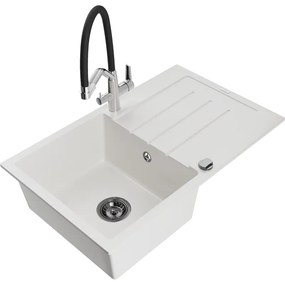 Mexen Bruno chiuvetă de granit cu un compartiment, cu picurător și baterie de bucătărie Duo, Albă - 6513-20-671701-07-B