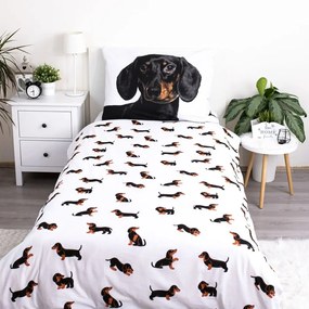 Lenjerie de pat pentru copii alb-negru din bumbac pentru pat de o persoană 140x200 cm Dachshund – Jerry Fabrics
