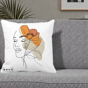 Perna Decorativa Portret Feminin Mac Mare Portocaliu, 40x40 cm, Alba Mata, Husa Detasabila, Perna Inclusa, BEKZ®