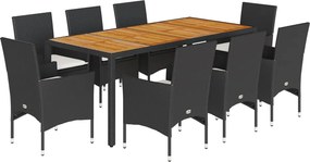 vidaXL Set mobilier grădină perne 9 piese negru poliratan/lemn acacia