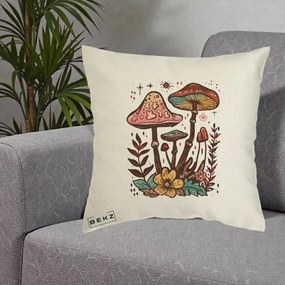 Perna Decorativa Ciuperci Boho Multicolore, 40x40 cm, Ecru, Husa Detasabila, Perna Inclusa, BEKZ®