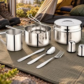 Set de tacamuri si vase pentru camping Kinghoff KH 2060, 9 piese, Otel inoxidabil, Argintiu