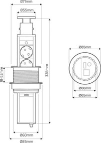 Priză încorporabilă în blat Lift Box Design Light, 3 prize Schuko, 2 porturi USB, inox, D:71 mm D:71 mm; H:328 mm, Inox, Metal/Plastic