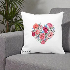 Perna Decorativa Inima din Bujori Acuarela, 40x40 cm, Alba Mata, Husa Detasabila, Perna Inclusa, BEKZ®
