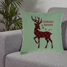 Perna Decorativa Ren Tartan Craciun Fericit, 40x40 cm, Verde, Husa Detasabila, Perna Inclusa, BEKZ®