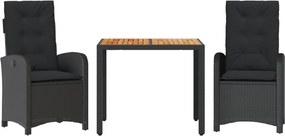 vidaXL Set mobilier de grădină cu perne, 3 piese, negru, poliratan