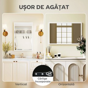 HOMCOM Oglindă de perete dreptunghiulară cu cârlige, din sticlă și MDF, 40x60 cm, albă | Aosom Romania