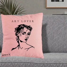 Perna Decorativa Art Lover Portret Grafic, 40x40 cm, Roz, Husa Detasabila, Perna Inclusa, BEKZ®