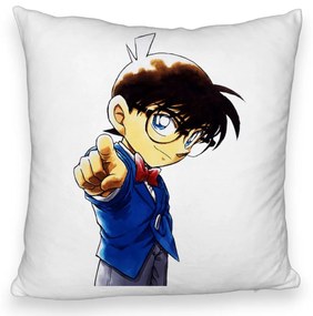 Perna Decorativa Fluffy cu Detective Conan, 40x40 cm, Alba, Husa Detasabila, Burduf