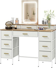 HOMCOM Masă de toaletă cu oglindă și lumini LED 3 culori, masă de machiaj 10 sertare din material textil, 118,5 x 39,5 x 140 cm natural | Aosom Romania