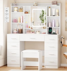 Masuta machiaj cu Oglinda LED si 9 Sertare pentru Cosmetice, Set Masa toaleta 110 cm, Alb, masuta cosmetica, vanity - SEA824