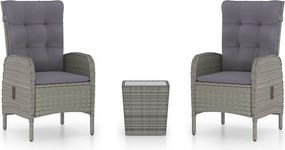 vidaXL Set mobilier grădină, 3 piese, gri, poliratan și sticlă