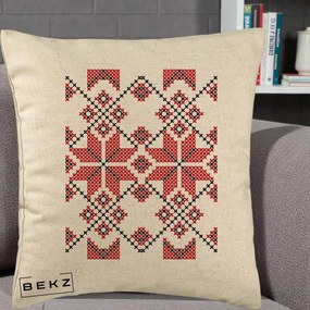 Perna Personalizata Motiv Traditional Cusatura Rosu-Negru, 40x40 cm, Bej, Husa Detasabila, Perna Inclusa, BEKZ®