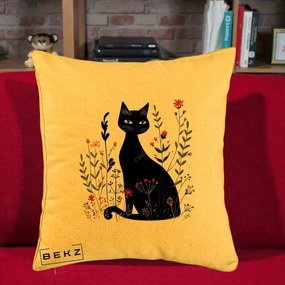 Perna Decorativa Pisica Neagra Botanica Rosu-Gri, 40x40 cm, Galben, Husa Detasabila, Perna Inclusa, BEKZ®