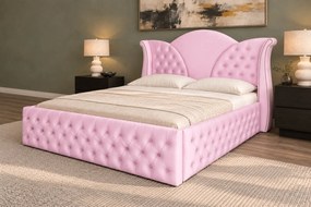 Pat tapițat Chesterfield din catifea Velora Deluxe Classic 160×200 cm, roz, cu ladă de depozitare
