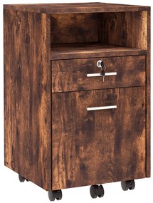 Vinsetto Comodă de Birou cu 2 Sertare și Raft Deschis, Mobilier cu 5 Rotile, Încuietoare și 2 Chei, 39x40x65 cm, Maro | Aosom Romania