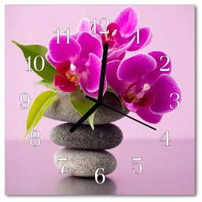 Ceas de perete din sticla pătrat Orhideea flori roz