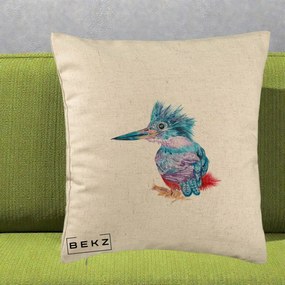 Perna Decorativa Pasare Martin Pescar Acuarela Albastru-Mov, 40x40 cm, Bej, Husa Detasabila, Perna Inclusa, BEKZ®