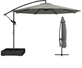Outsunny Parasol cu braț lateral pentru grădină 300 cm cu bază în cruce, sac de nisip, parasol tip banană rotativ 360°, gri | Aosom Romania