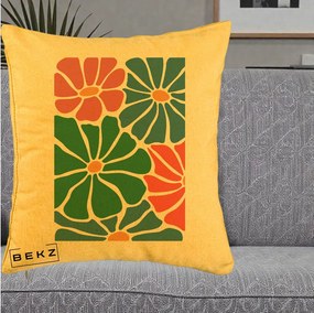 Perna Decorativa Flori Grafice Verde-Roz-Albastru, 40x40 cm, Galben, Husa Detasabila, Perna Inclusa, BEKZ®