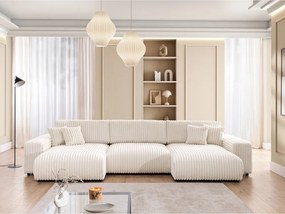 Colțar crem extensibil/cu spațiu de depozitare cu tapițerie din catifea reiată (în formă de "U") Sarina – Ropez