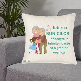 Cadou pentru Bunici - Perna Personalizata Bunicii Iubirea Infloreste cu Nepoata Teal, 40x40 cm, Crem Reliefat, Husa Detasabila, Perna Inclusa, BEKZ®