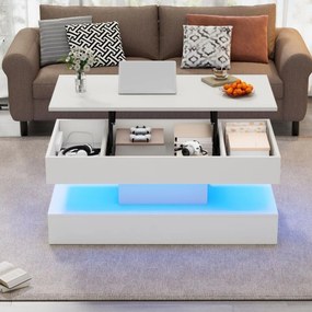 Masă de cafea modernă cu iluminare LED și spațiu de depozitare ascuns, măsuță laterală cu sistem hidraulic de ridicare, 100x50x42 cm, Alb