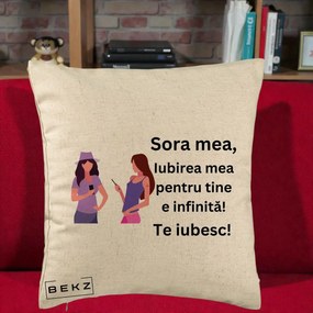 Cadou pentru Sora - Perna Personalizata Sora Mea Te Iubesc Doua Fete cu Telefoane, 40x40 cm, Bej, Husa Detasabila, Perna Inclusa, BEKZ®