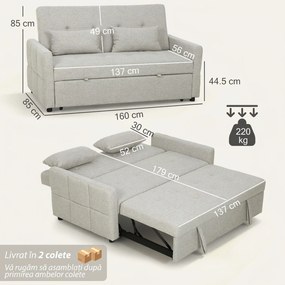 HOMCOM Canapea Pat cu Design Extensibil Clic Clac pentru 2 Locuri - Gri Deschis | Aosom Romania