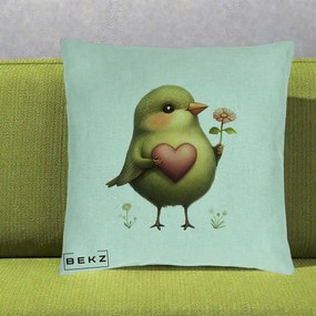 Perna Decorativa Pasare Verde cu Inima si Floare, 40x40 cm, Verde Menta, Husa Detasabila, Perna Inclusa, BEKZ®