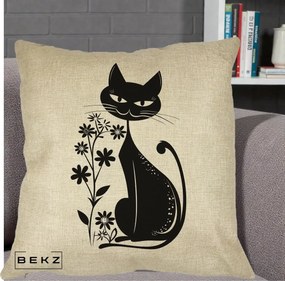 Perna Decorativa Pisica Neagra Grafica Minimalista, 40x40 cm, Crem, Husa Detasabila, Perna Inclusa, BEKZ®