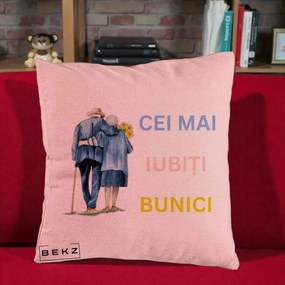 Cadou pentru Bunici - Perna Personalizata Cei Mai Iubiti Bunici Acuarela Spate, 40x40 cm, Roz, Husa Detasabila, Perna Inclusa, BEKZ®